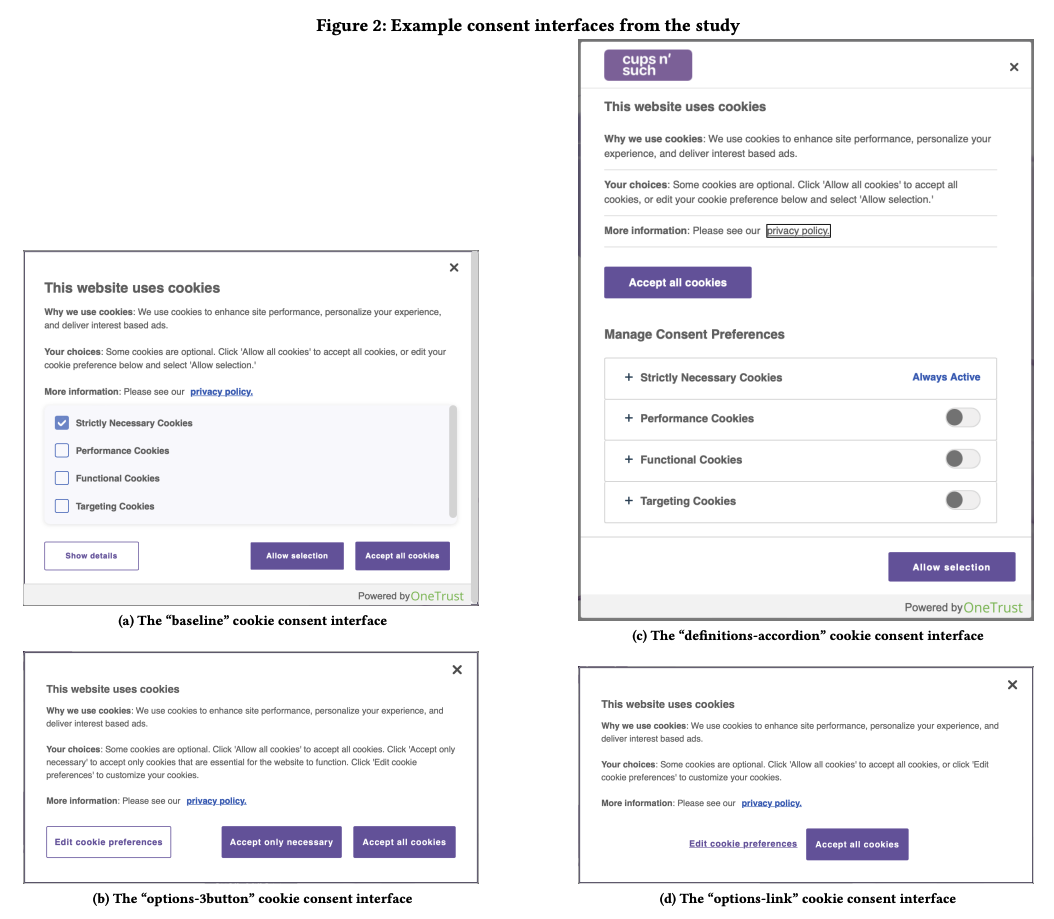 Example cookie consent interfaces from the study